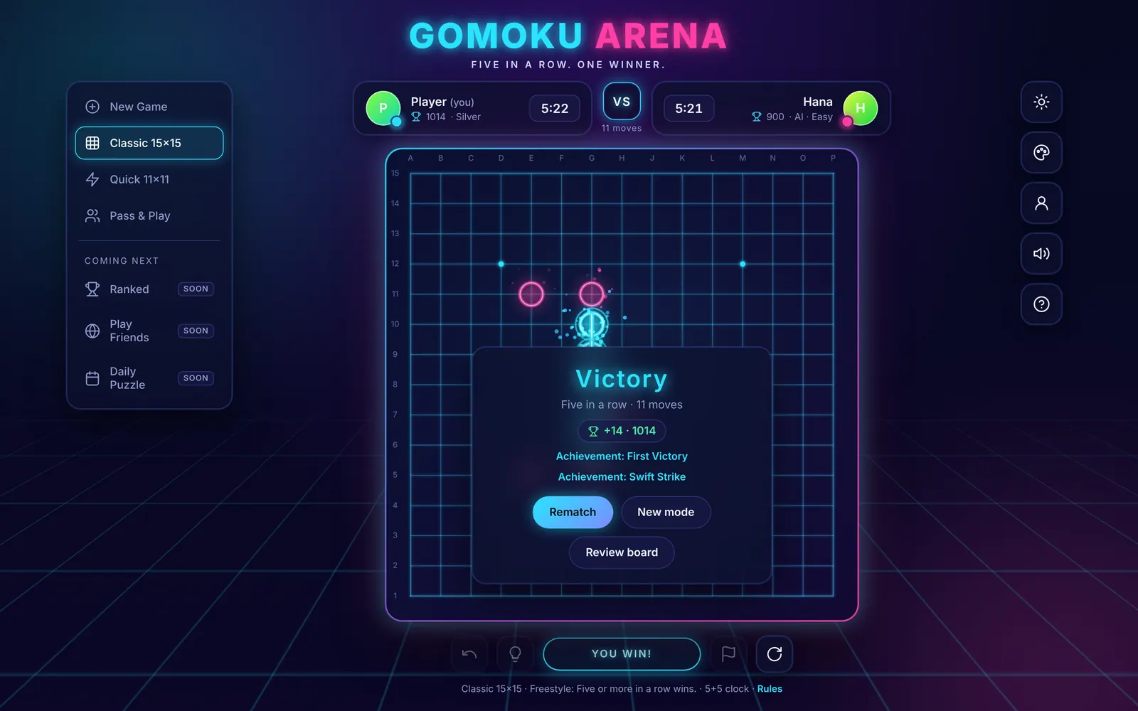Gomoku Arena in the neon theme: a victory with five glowing stones in a row