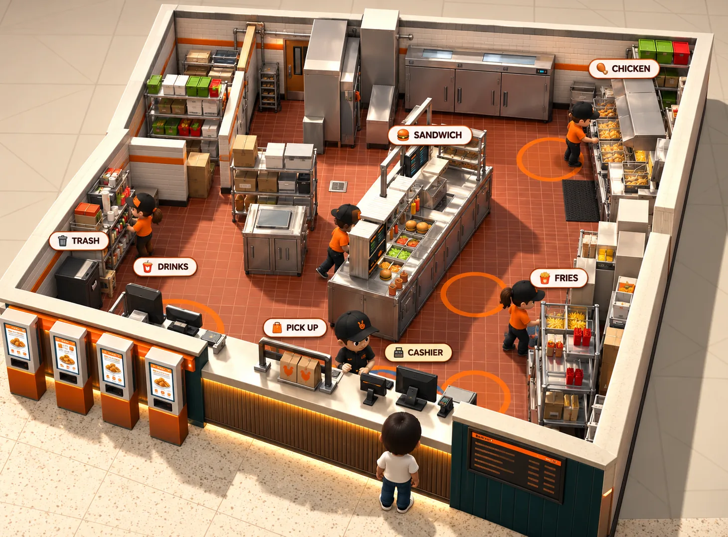 Illustration of the Restaurant Manager Rush food-court kitchen seen from above, with crew at the sandwich, fries, chicken and drinks stations
