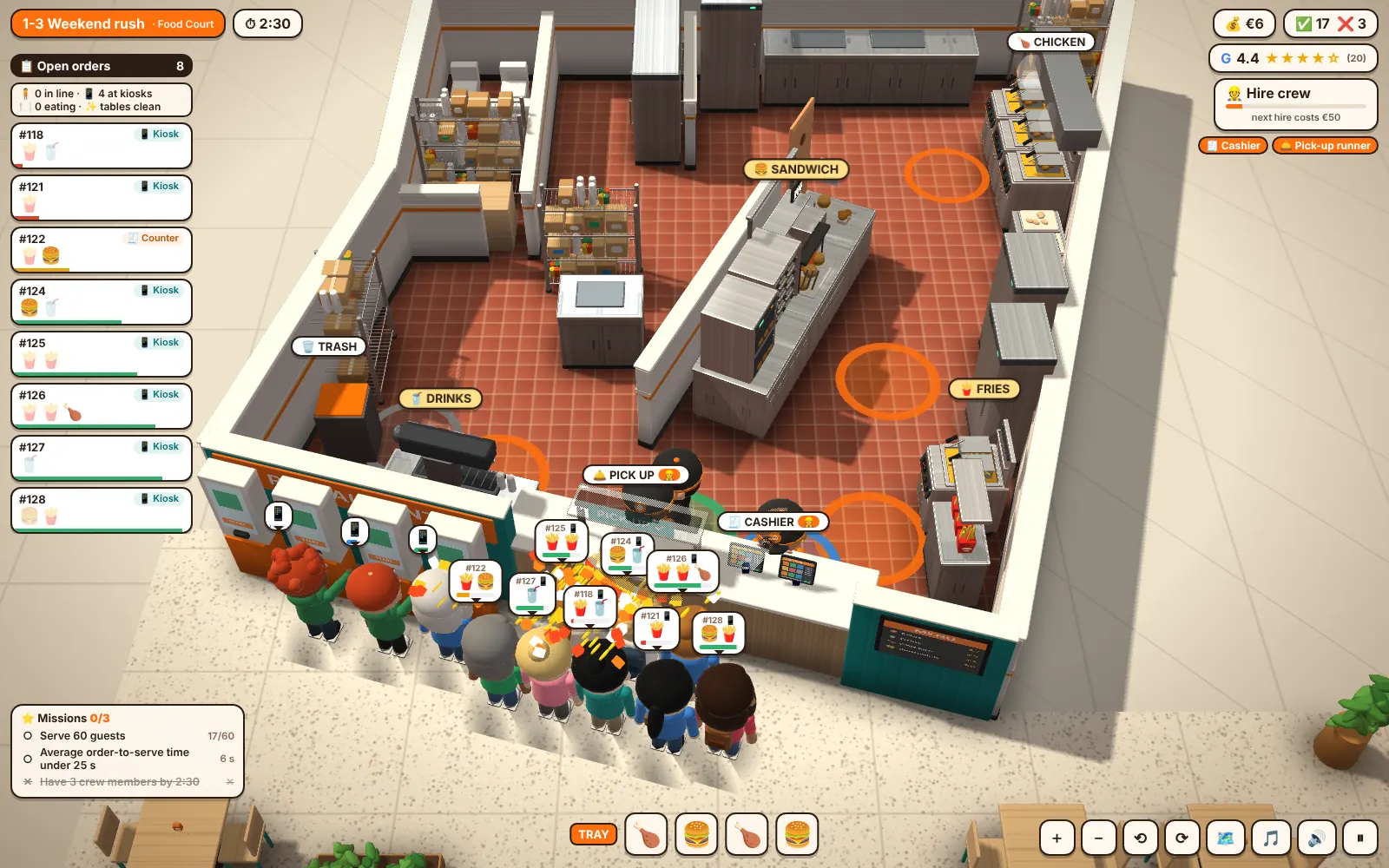 Weekend rush at the Food Court: a long queue at the counter, order tickets and crew at the stations